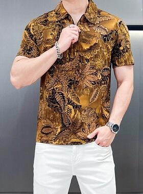2026夏季新款潮流男士翻领印花短袖百搭冰丝凉感休闲半袖时尚花色