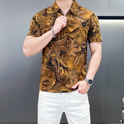 2026夏季新款潮流男士翻领印花短袖百搭冰丝凉感休闲半袖时尚花色