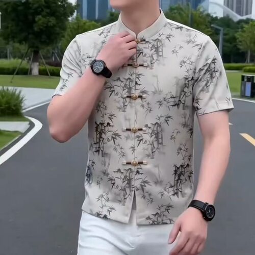 夏季男士新中式休闲唐装立领盘扣富贵竹印花百搭短袖衬衫薄款衬衣