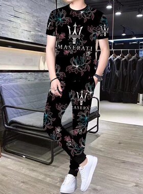 冰丝套装T恤男网红花色短袖夏季跑步休闲大码时尚运动两件套