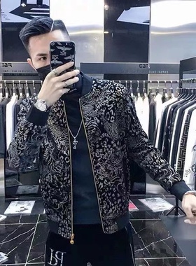 欧洲站春秋季新款印花棒球服外套潮牌金丝绒时尚休闲个性夹克男士