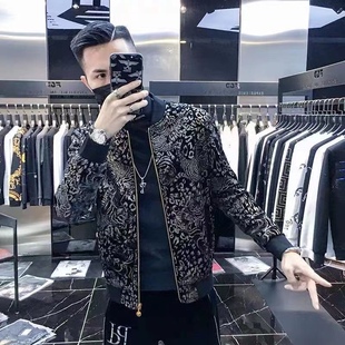 欧洲站春秋季新款印花棒球服外套潮牌金丝绒时尚休闲个性夹克男士