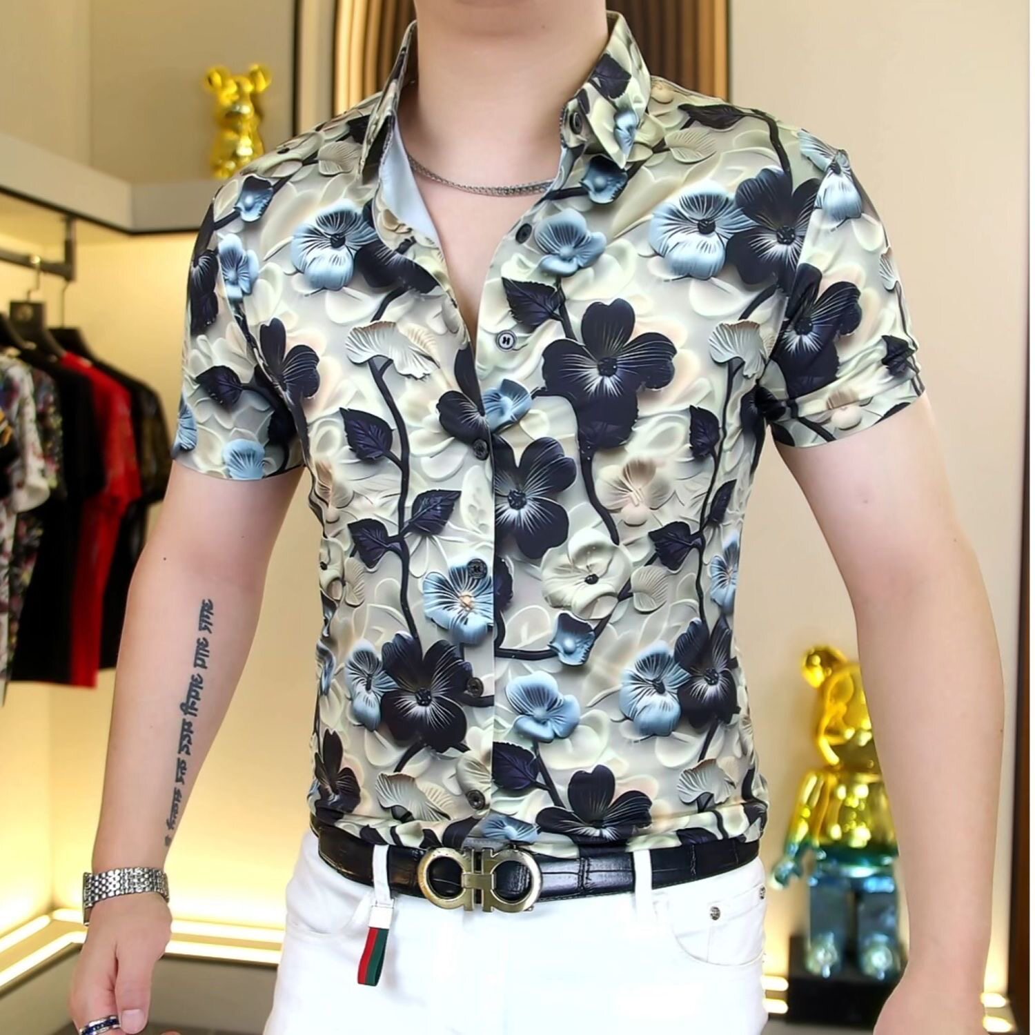 帅气男士百搭夏季新款夏日风情时尚印花潮流高品质小众衬衫短袖图片