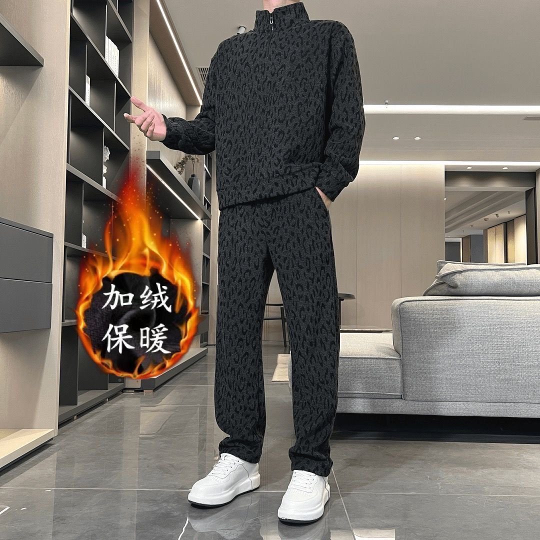 2025秋冬新款立领拉链卫衣长裤两件套男帅气百搭豹纹加绒印花套装,男装,休闲运动套装,淘宝优惠券,粉丝福利购,淘宝优惠卷