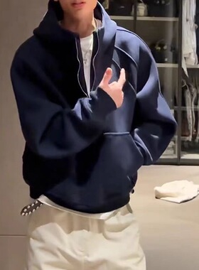 半拉链蓝色休闲洋气文艺卫衣秋季潮流百搭复古套头2025年休闲新款