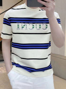 欧洲站男士夏季圆领t恤高品质印花百搭条纹半截袖T打底衫上衣潮流