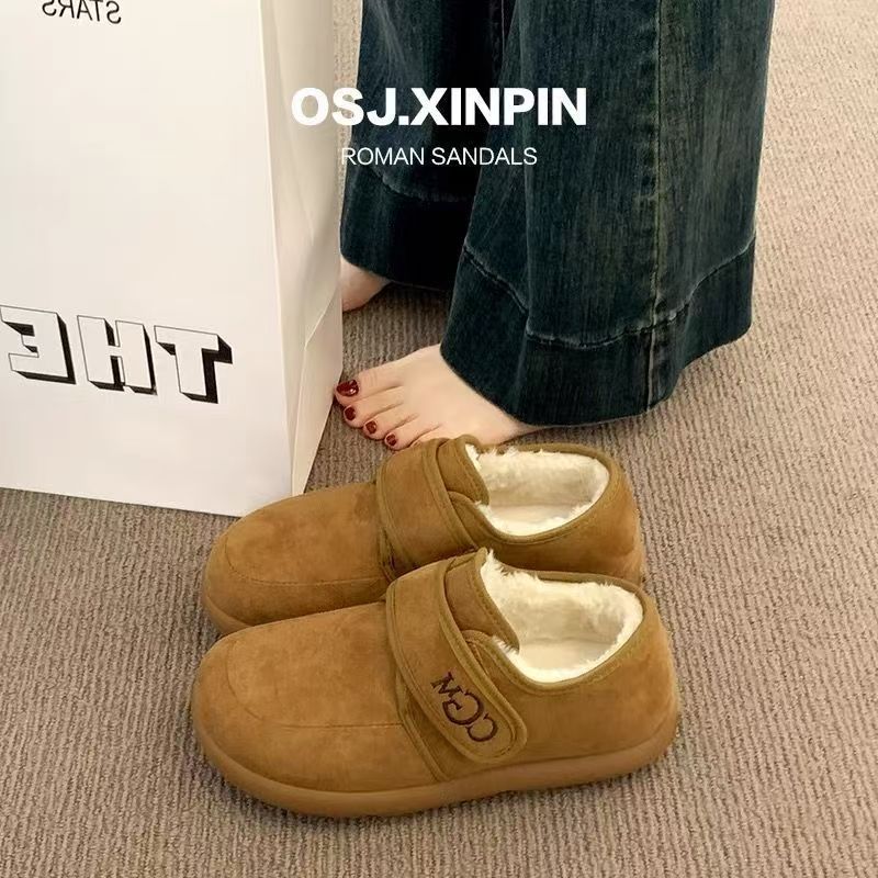 2025冬季加绒勃肯鞋女魔术贴懒人鞋保暖毛毛鞋防滑舒适休闲鞋毛毛