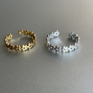 可爱花花 金银色镂空拉丝质感戒指环开口设计可调节时髦复古精致