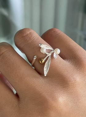 结小果子啦。S925纯银天然珍珠植物树叶自然造型戒指环新中式气质