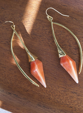 温柔色彩。橘红吊坠金色线条耳钩长款扫肩鬼才设计师AB时髦高级感