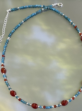 古典画卷。蓝磷灰红玛瑙串珠项链小众设计艺术风格新中式清新设计