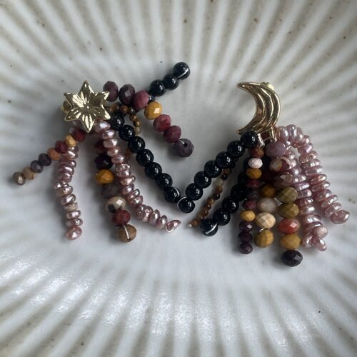 【清仓特价】天然粉紫珍珠虎眼石玛瑙流苏星月耳钉925银针时髦