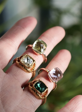 【清仓特价】剔透方糖透明祖母绿宝石戒指环时髦清新复古个性孤品