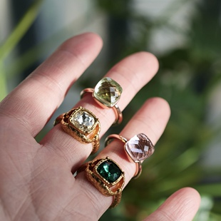 孤品 剔透方糖透明祖母绿宝石戒指环时髦清新复古个性 清仓特价