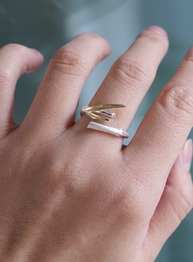 纤巧竹影。通体s925银拉丝金撞色竹节叶片戒指环开口可调中式国风