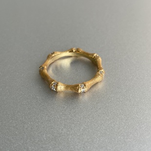 丝丝入扣 S925纯银镀金意大利拉丝工艺竹节细戒指闪亮锆石精致