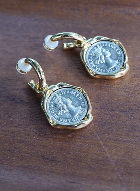古老时光. 复古钱币女神头像图案双面吊坠C字耳钉925银针优雅风