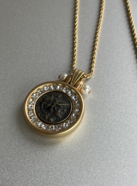 时光切片。古希腊士兵人像硬币闪亮锆石圆吊坠长项链秋冬毛衣时髦