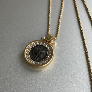 时光切片 古希腊士兵人像硬币闪亮锆石圆吊坠长项链秋冬毛衣时髦