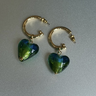 剔透蓝绿色系手工琉璃爱心吊坠c字耳环925银针孤品 清仓特价