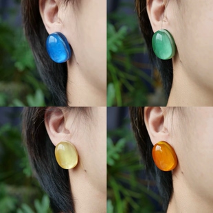 蓝黄橘绿蜜桃粉果冻蛋形树脂彩色耳钉925银针清新 清仓特价