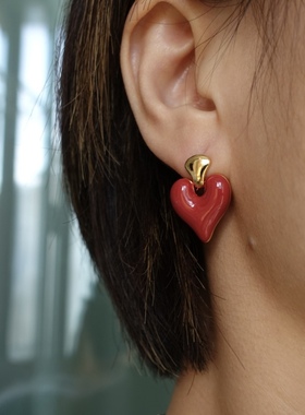 炽热炙恋。红色爱心珐琅滴釉吊坠金耳钉925银针时髦简约高级百搭