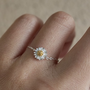 指尖开出花 通体S925银立体小雏菊春花朵细链条戒指抽拉调节清新