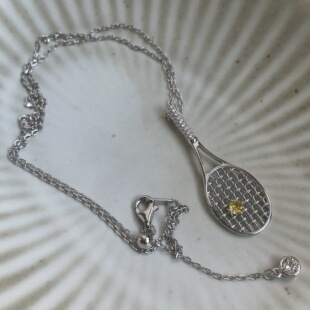 通体S925银闪亮网球拍吊坠镶嵌锆石项链时髦精致运动 清仓特价