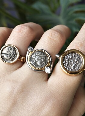 【古币戒指合集】古希腊狮子女神士兵浮雕图案撞色戒指高级设计感