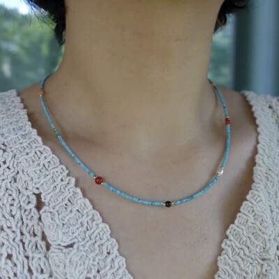 【清仓特价】天然珍珠黑红玛瑙松石蓝色细项链精致度假清新时髦