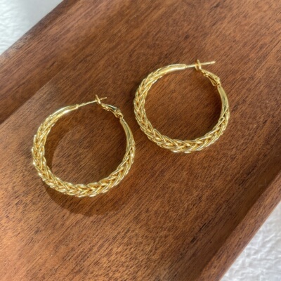 【清仓特价】闪亮金色麦穗麻花编织款黄铜耳环圈时髦百搭个性孤品