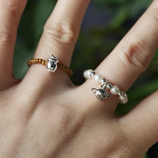 可爱松果插画吊坠松紧弹力戒指人造珍珠米珠精致清新 清仓特价