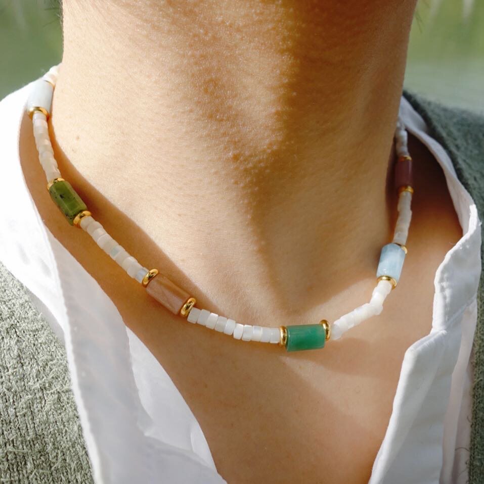 天然马蹄螺贝珠绿粉蓝晶石串珠项链仙波西米亚清新气质