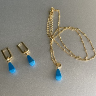 偏爱的蓝。天然蓝色松石立体几何吊坠项链金色耳扣叠戴高级清新