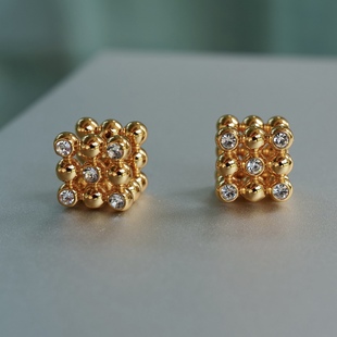 闪耀魔方 立体圆球锆石立方体设计金色耳扣小众设计高级时髦个性