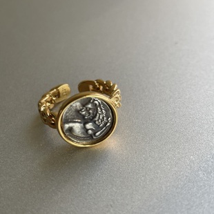 狮性大发 古希腊狮子动物造型硬币金银撞色戒指环复古高级开口