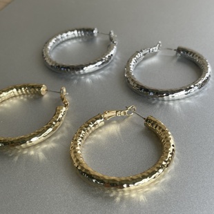 闪若disco 金银色立体锤纹亮光耳环圈极简高级时髦925银针 ball