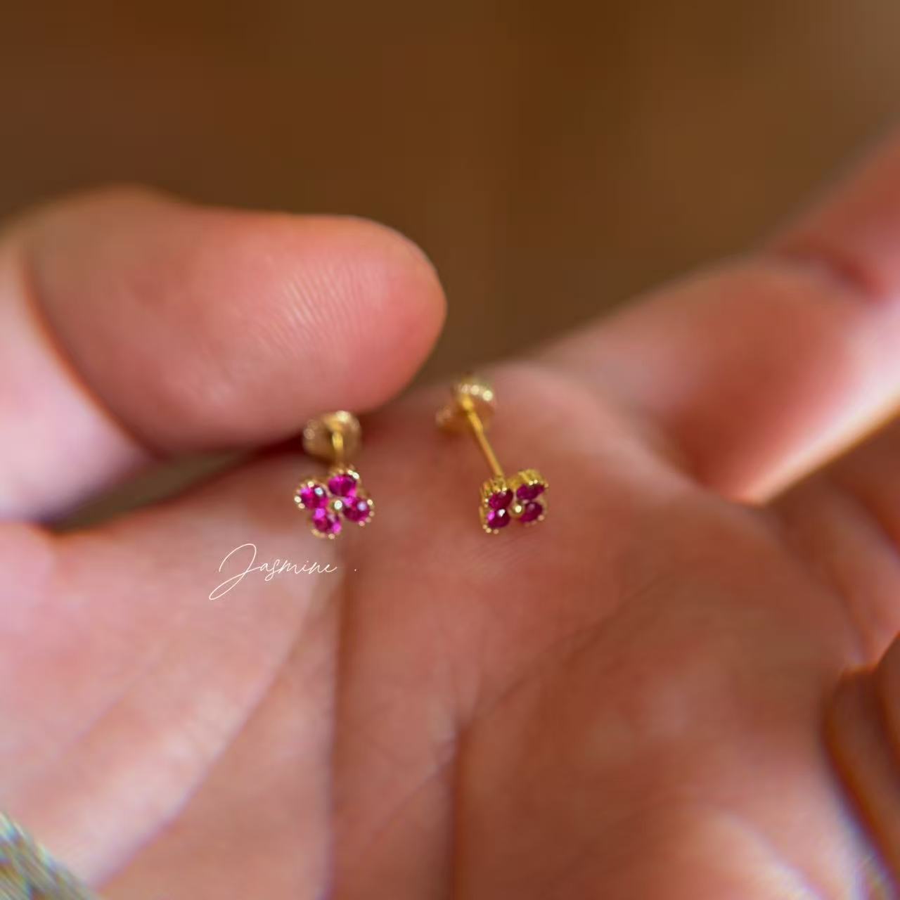 S925火龙果粉钻小花耳钉