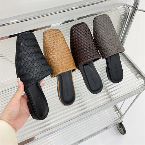 OROSCURO 真皮编织包头拖平底休闲一脚蹬穆勒拖女复古舒适拖鞋