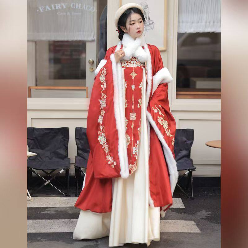 原创华贞记暖公主冬季新款毛绒绣花大衬袖长袖齐胸唐风汉服