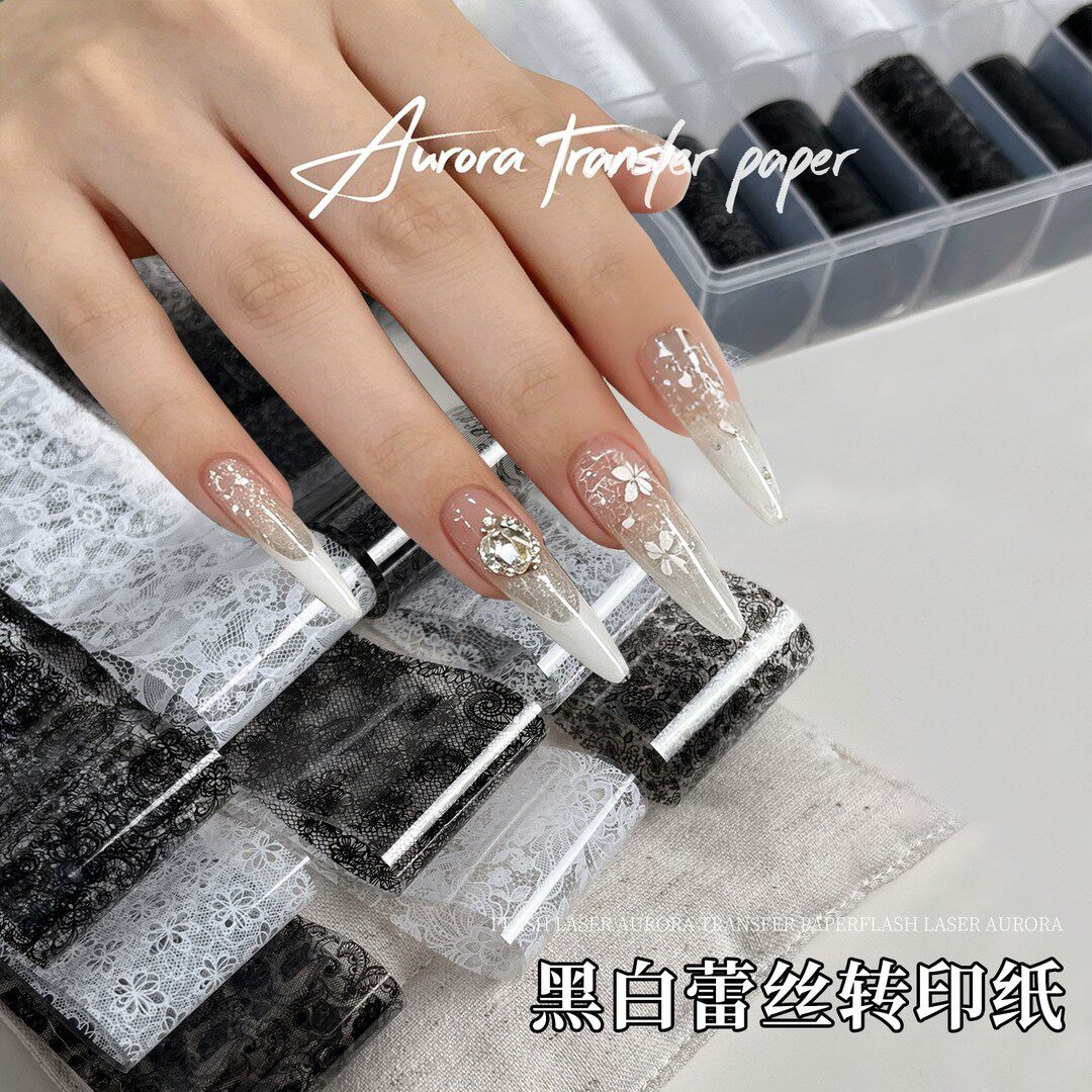 美甲黑白蕾丝转印纸新款镂空网纱贴花高级感纯欲辣妹指甲装饰品