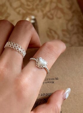 925银镂空蕾丝花边爱心磨砂拉丝戒指ins风小众设计叠戴食指戒可调