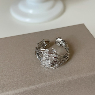 冷淡风线条缠绕水晶开口戒指女轻奢独特个性 小众精致百搭指环戒子