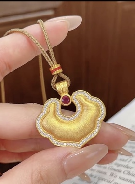 沙金复古金色吉祥如意福锁包项链