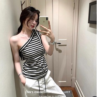 解构感斜肩绑带条纹短袖 陈佳楠汉南洞欧尼韩女调性 正肩上衣女夏