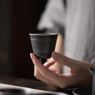 手工跳刀品茗杯陶瓷功夫茶具茶杯普洱单杯鎏银主人杯个人杯小茶碗