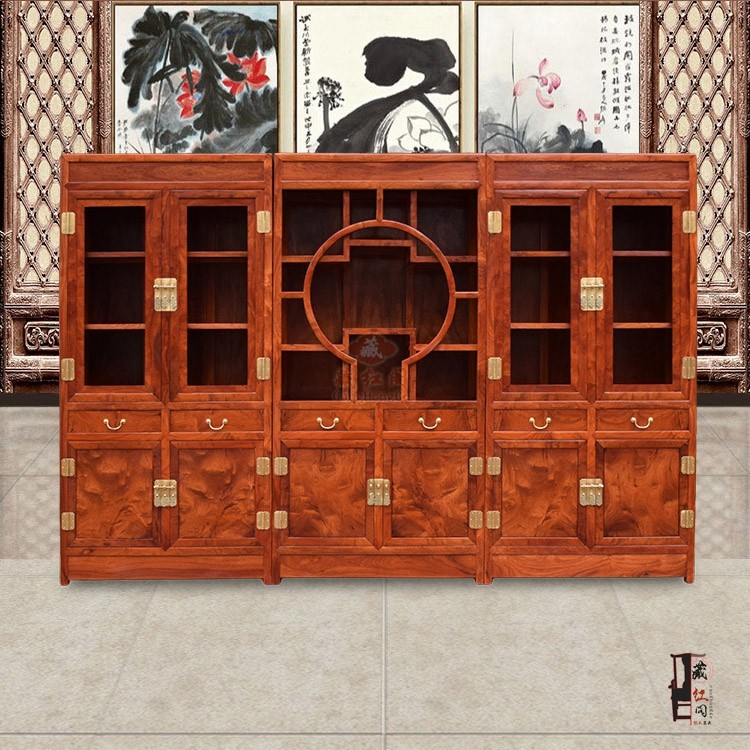 缅甸花梨木中式素面三组书柜实木书柜书架储物柜 展示柜 红木家具