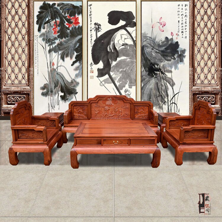 藏红阁红木 缅甸花梨木松鹤延年沙发113组合实木红木中式古典沙发