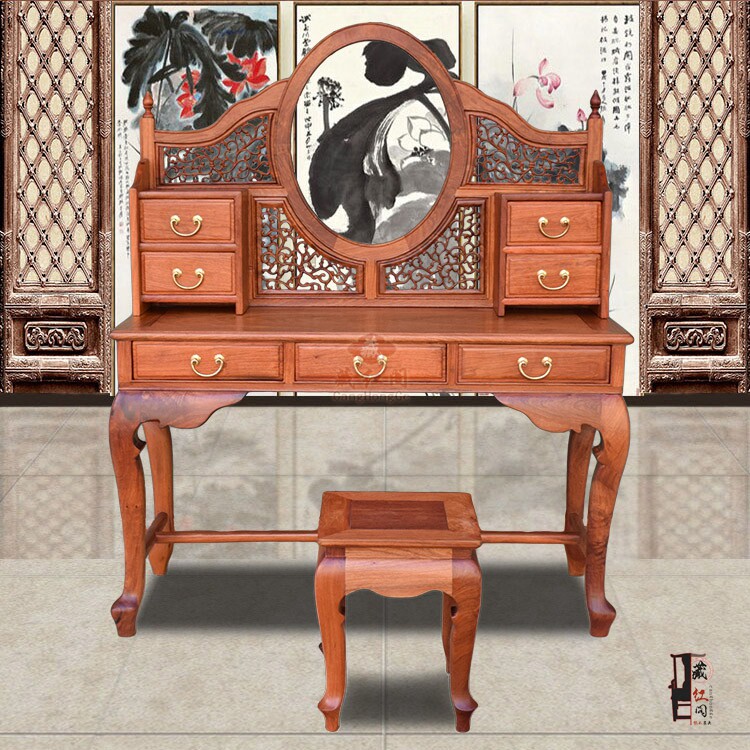 缅甸花梨木欧式梳妆台凳子组合大果紫檀实木红木卧室化妆桌榫卯