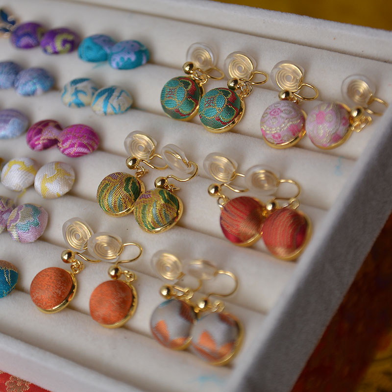 非遗宋锦耳饰蚊香盘耳夹12mm手工名家宋锦蜀锦豆豆耳饰蚊香盘耳夹